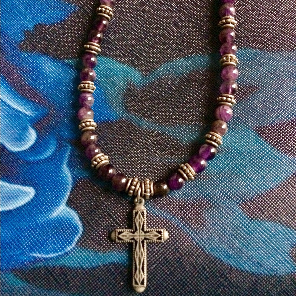 ✝️ Silver Purple Beaded Cross Necklace